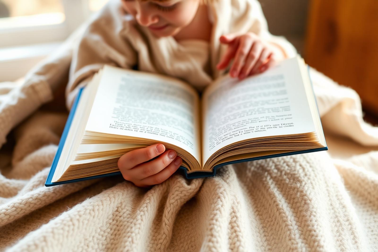 A child reading a book under warm natural light