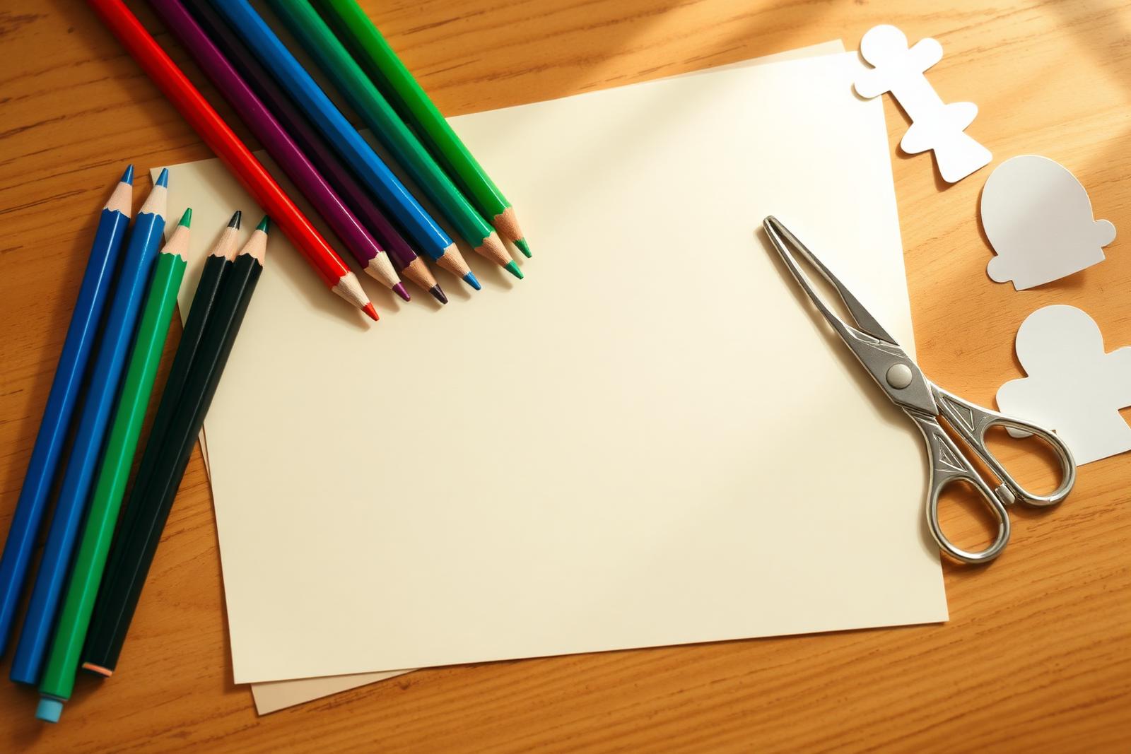 Colored pencils, paper, and scissors on a warm wooden classroom desk