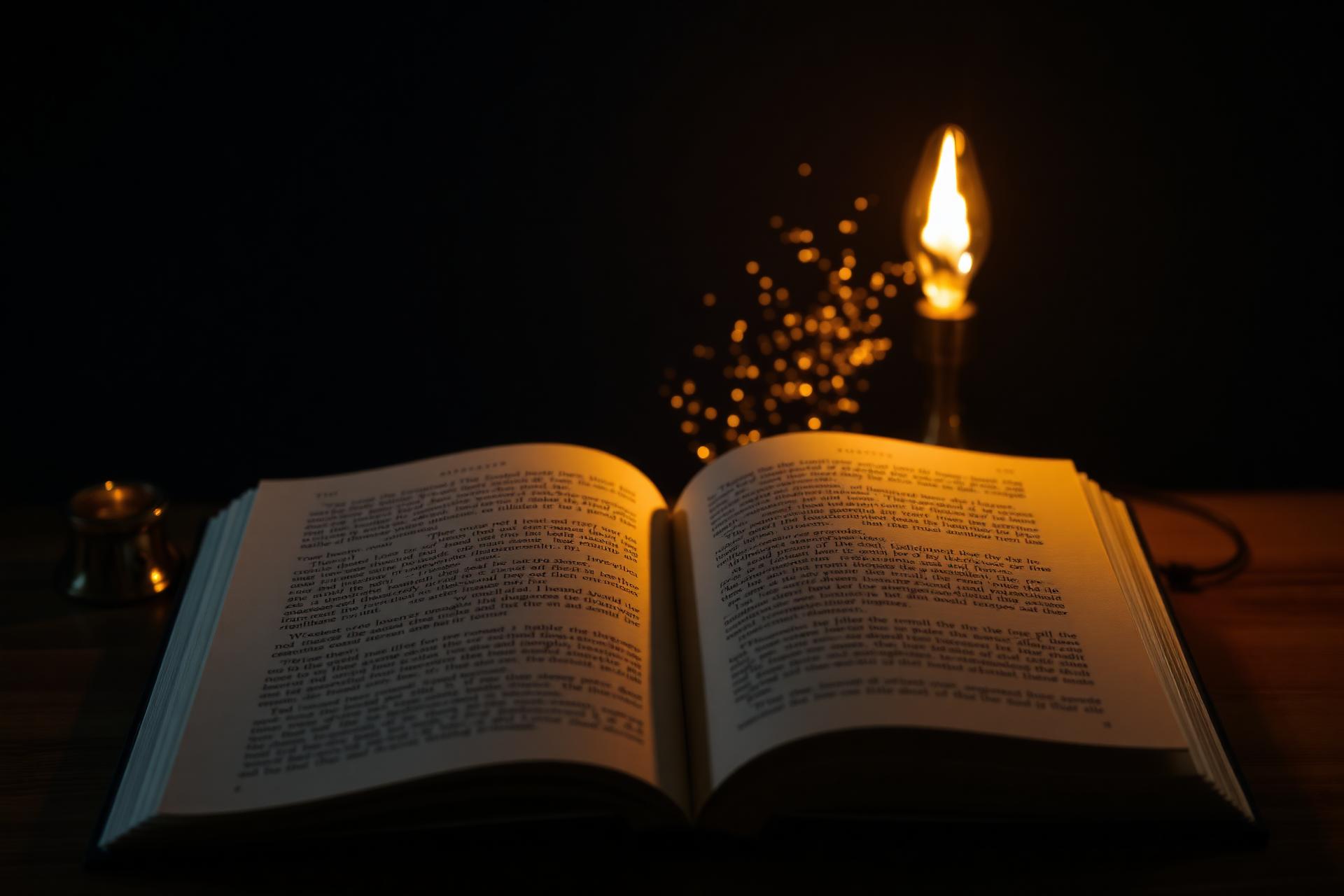 An open storybook lit by warm lamplight with gentle stardust rising from its pages